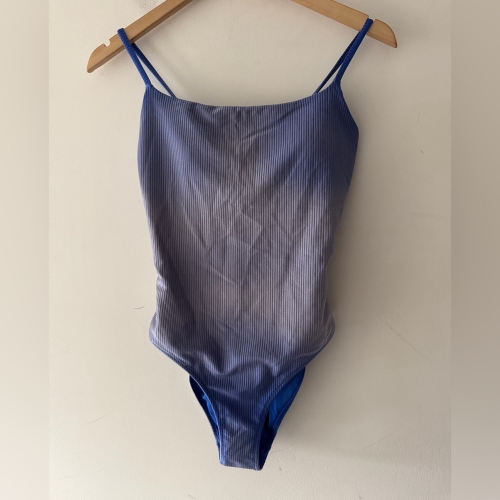 Aerie Blue Shiny Shimmery Ombré Ribbed Full‎ Coverage One Piece Swimsuit